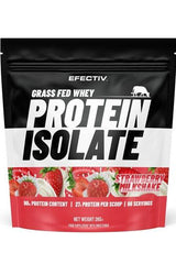Efectiv Nutrition Grass Fed Whey Protein Isolate, 27g protein per scoop, strawberry milkshake flavor, 2kg packaging.