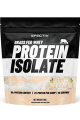 Efectiv Nutrition Grass Fed Whey Protein Isolate bag featuring 90% protein content and vanilla ice cream flavor.