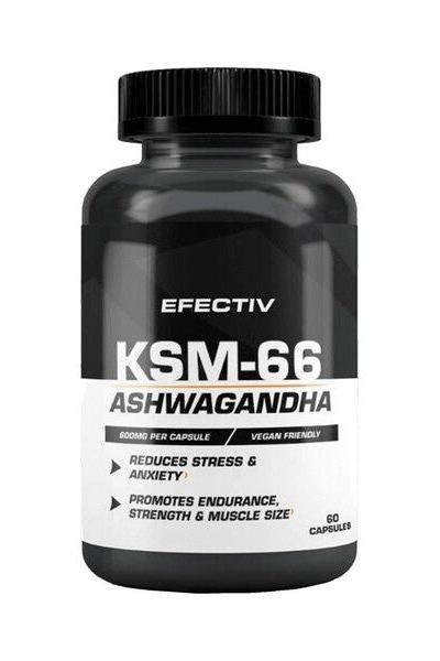Efectiv Nutrition KSM-66 Ashwagandha supplement bottle, 60 vegan capsules, reduces stress and promotes endurance.
