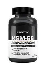 Efectiv Nutrition KSM-66 Ashwagandha supplement bottle, 60 vegan capsules, reduces stress and promotes endurance.