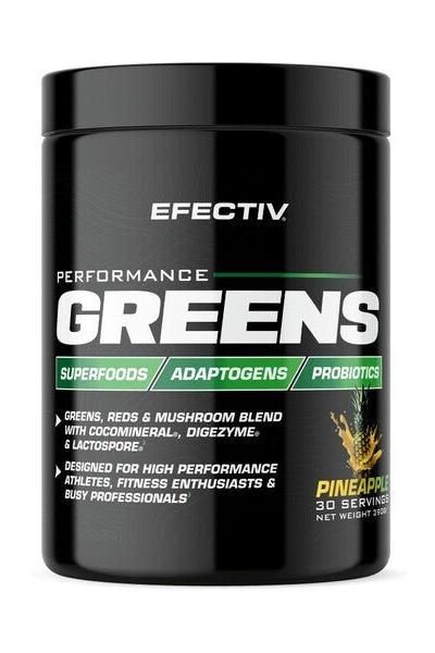 Efectiv Performance Greens supplement tub with pineapple flavor, featuring superfoods and probiotics for enhanced energy.