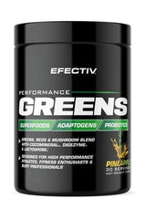 Efectiv Performance Greens supplement tub with pineapple flavor, featuring superfoods and probiotics for enhanced energy.