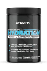 Efectiv Nutrition Performance Hydration powder for hydration with vitamins, minerals, taurine, and Senactiv in mango passionfruit flavor.