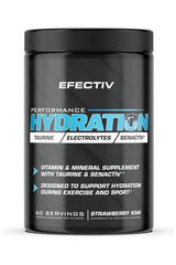Efectiv Nutrition Performance Hydration powder tub for electrolytes and hydration during exercise, flavor strawberry kiwi.