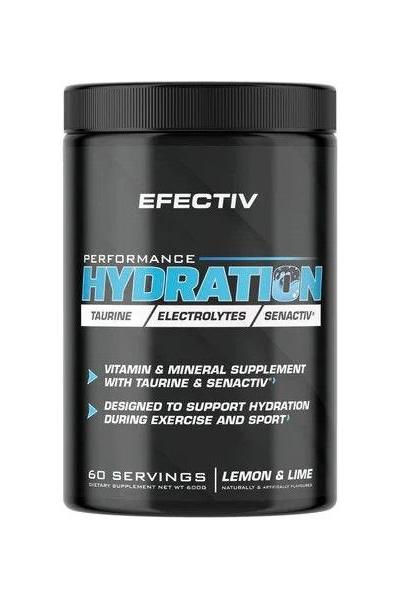 Efectiv Nutrition Performance Hydration supplement container for optimal hydration during exercise with electrolytes and vitamins.