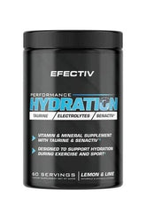 Efectiv Nutrition Performance Hydration supplement container for optimal hydration during exercise with electrolytes and vitamins.
