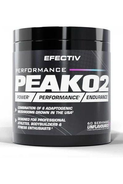Efectiv Nutrition Performance Peak 02 supplement tub for enhanced power and endurance, designed for athletes and fitness enthusiasts.