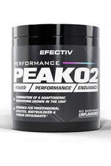 Efectiv Nutrition Performance Peak 02 supplement tub for enhanced power and endurance, designed for athletes and fitness enthusiasts.