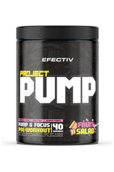 Efectiv Nutrition Project Pump pre-workout supplement in fruit salad flavor, designed for enhanced focus and endurance.