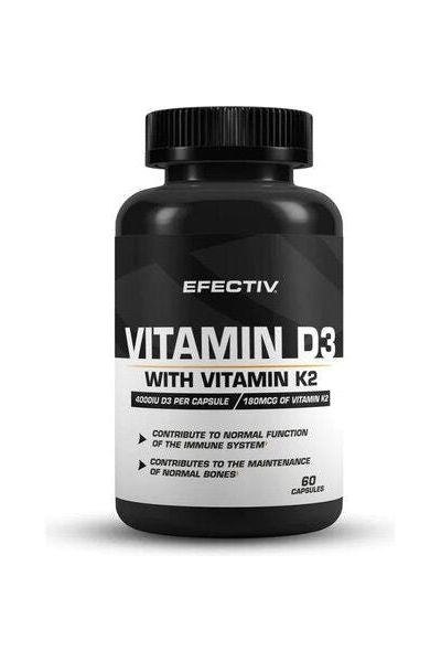 Efectiv Nutrition Vitamin D3 with K2 bottle, 60 capsules, supports immune function and bone health.