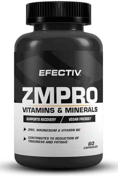 Efectiv Nutrition ZM Pro supplement bottle with vitamins, minerals, zinc, magnesium, and vitamin B6, supports recovery.