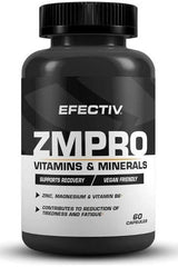 Efectiv Nutrition ZM Pro supplement bottle with vitamins, minerals, zinc, magnesium, and vitamin B6, supports recovery.