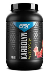 EFX Sports Karbolyn Hydrate sports drink in a black container with watermelon flavor design.