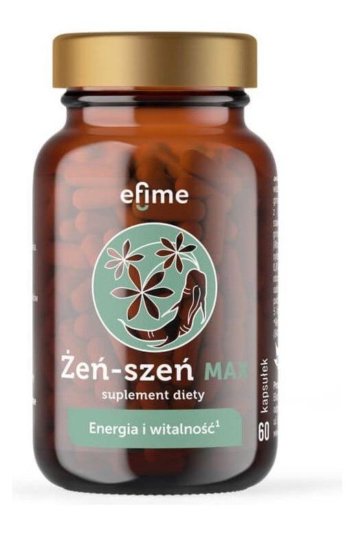 EkaMedica Efime Panax Ginseng Max supplement bottle with 60 capsules for vitality and energy.