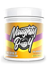 Naughty Boy ENERGY pre-workout supplement with orange and passionfruit flavor, 30 servings, designed for increased performance.