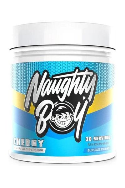 Naughty Boy ENERGY pre-workout supplement in Blue Razz flavor, featuring 30 servings, designed for enhanced performance and pump.