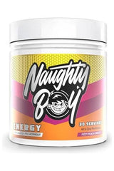Naughty Boy ENERGY pre-workout supplement in Fizzy Peach flavor, 30 servings for enhanced focus and performance.
