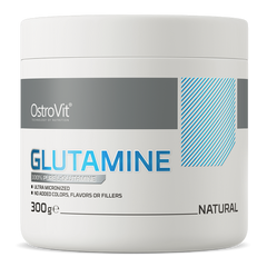 OstroVit Glutamine powder container, 300g, featuring 100% pure L-glutamine, natural flavor, no fillers.