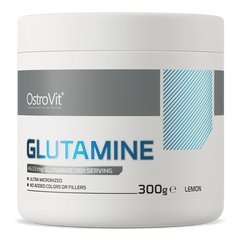 OstroVit Glutamine supplement container, 300g, ultra micronized L-glutamine with lemon flavor.