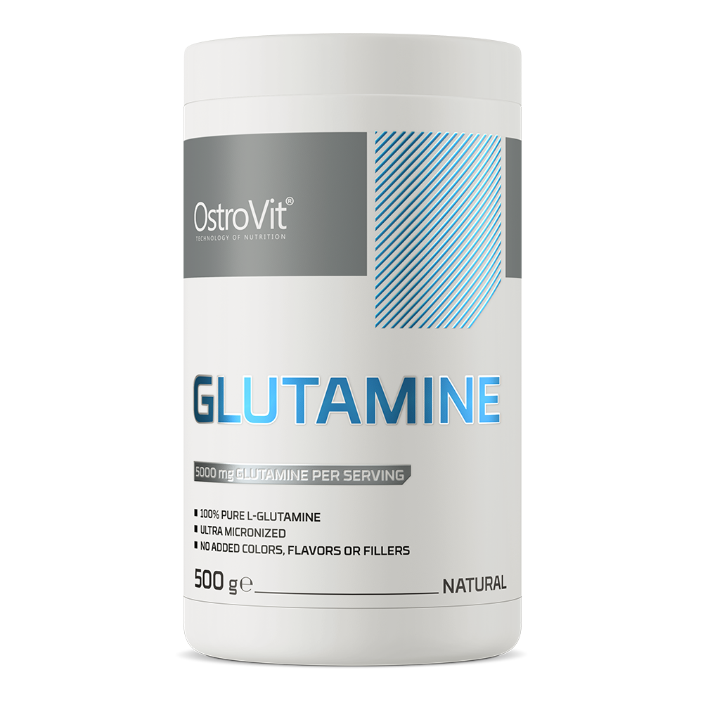 OstroVit Glutamine supplement container, 500 g, 100% pure L-glutamine, no added colors or fillers.