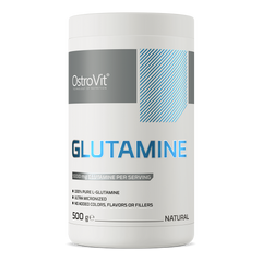 OstroVit Glutamine supplement container, 500 g, 100% pure L-glutamine, no added colors or fillers.