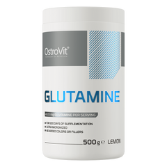 OstroVit Glutamine 500g container, lemon flavor, high-quality L-glutamine supplement for muscle recovery and support.