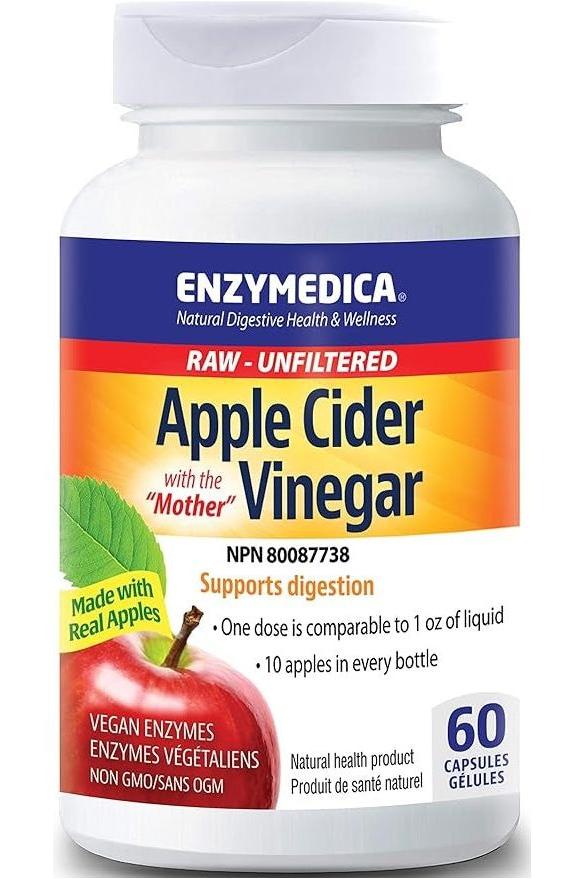 Enzymedica Apple Cider Vinegar supplement bottle with 60 capsules promoting digestive health and wellness.