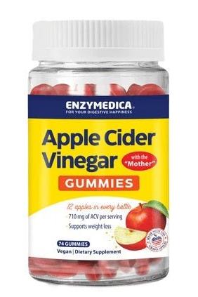 Enzymedica Apple Cider Vinegar Gummies bottle, 74 gummies, supports weight loss and digestion, vegan dietary supplement.