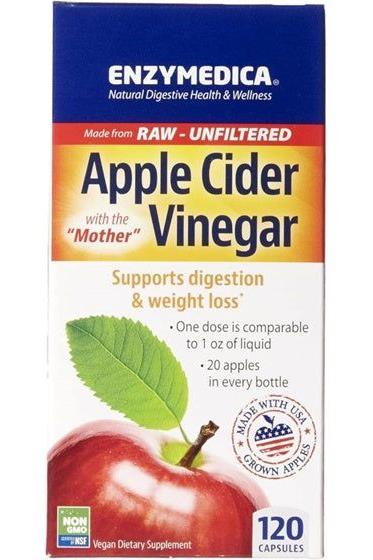 Enzymedica Apple Cider Vinegar capsules, promotes digestion and weight loss, made from raw, unfiltered apples.