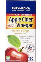 Enzymedica Apple Cider Vinegar capsules, promotes digestion and weight loss, made from raw, unfiltered apples.