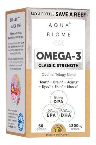 Enzymedica Aqua Biome Omega-3 supplement box featuring nutrition facts and eco-friendly message.