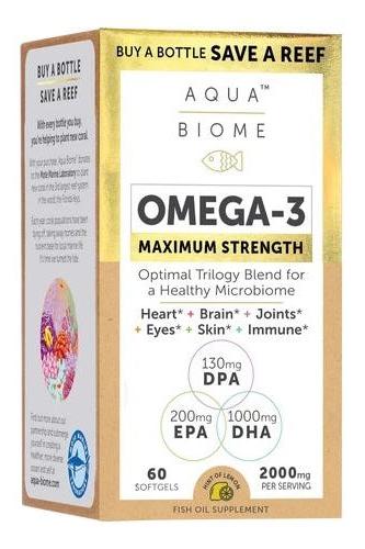 Enzymedica Aqua Biome Omega-3 supplement box highlighting maximum strength and health benefits.