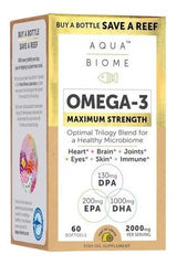 Enzymedica Aqua Biome Omega-3 supplement box highlighting maximum strength and health benefits.