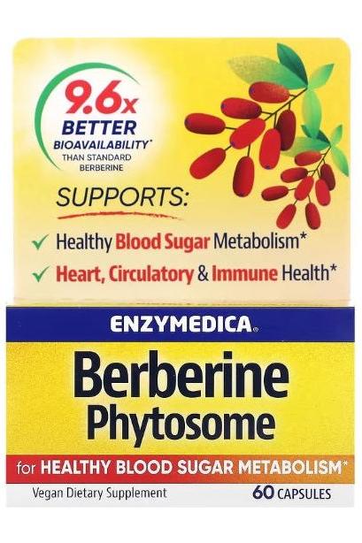 Enzymedica Berberine Phytosome supplement box highlighting 9.6x better bioavailability for blood sugar and heart health.