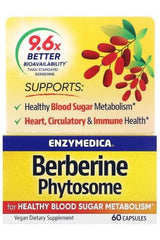 Enzymedica Berberine Phytosome supplement box highlighting 9.6x better bioavailability for blood sugar and heart health.