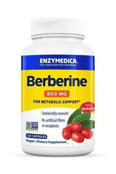 Enzymedica Berberine 800 mg bottle for metabolic support with 120 vegan capsules, sustainably sourced.