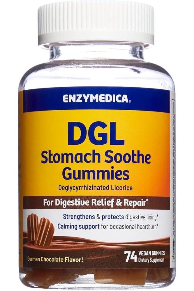 Enzymedica DGL Stomach Soothe Gummies bottle for digestive relief with vegetarian licorice, 74 gummies.