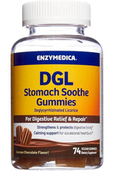 Enzymedica DGL Stomach Soothe Gummies bottle for digestive relief with vegetarian licorice, 74 gummies.