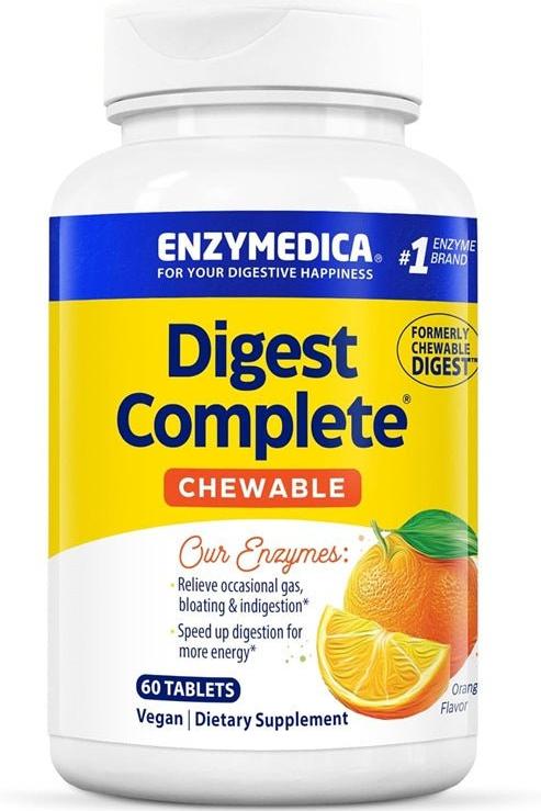 Enzymedica Digest Complete Chewable supplement bottle for improved digestion, vegan, orange flavor, 60 tablets.