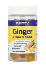Enzymedica Ginger & Vitamin B6 Gummies for digestive comfort, vegan and gluten-free, in a transparent jar.