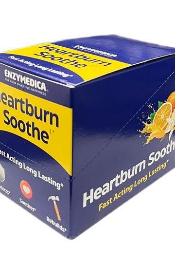 Enzymedica Heartburn Soothe box with text highlighting fast acting relief and natural ingredients.