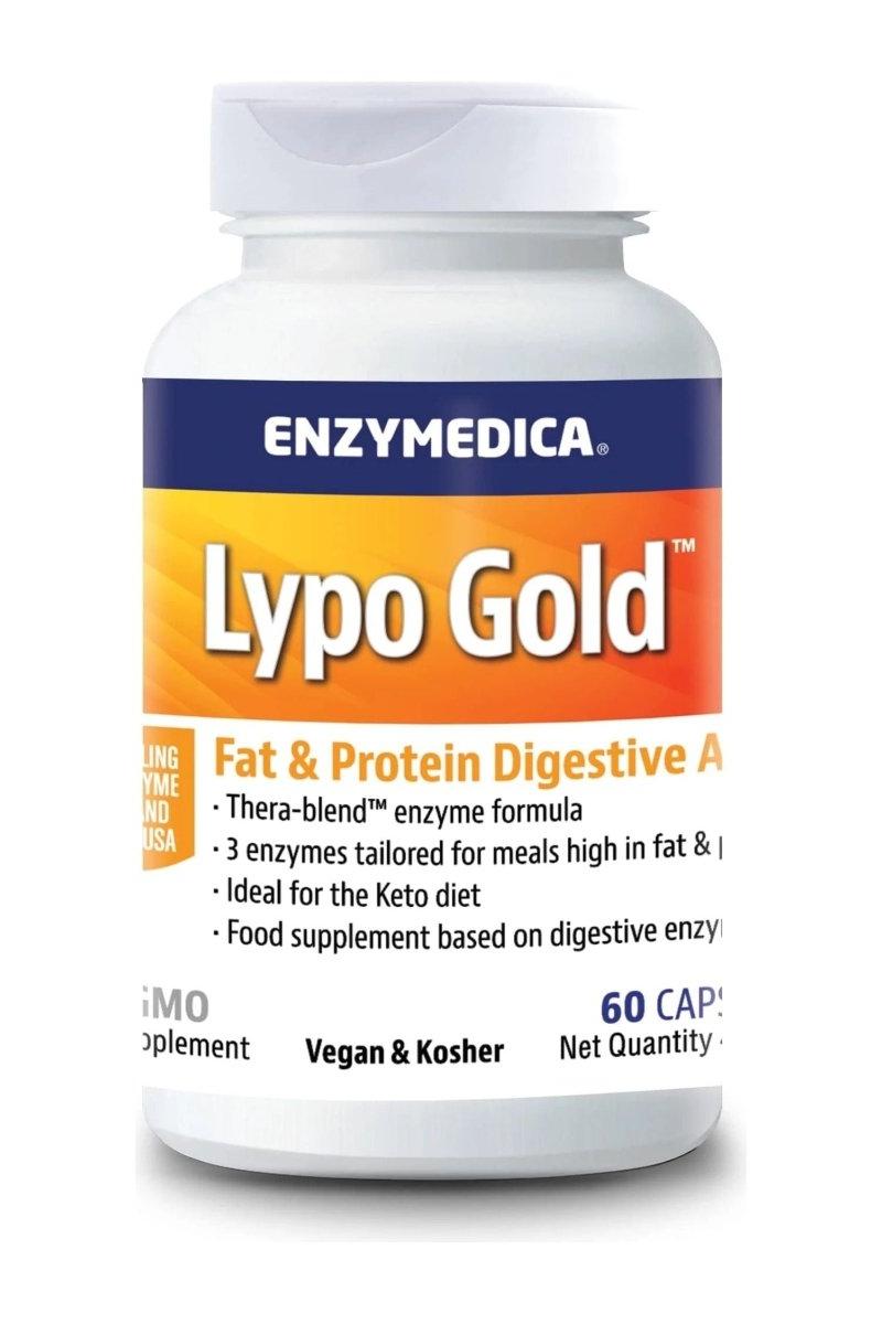 Enzymedica Lypo Gold bottle, a digestive aid with Thera-blend enzymes, 60 vegetarian caps for improved fat absorption.