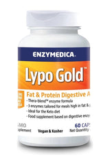 Enzymedica Lypo Gold bottle, a digestive aid with Thera-blend enzymes, 60 vegetarian caps for improved fat absorption.