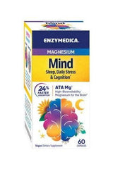 Enzymedica Magnesium Mind supplement box for sleep, stress, and cognition support with 60 capsules.