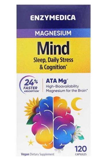 Enzymedica Magnesium Mind supplement for sleep and cognition with 120 capsules and ATA Mg for faster absorption.