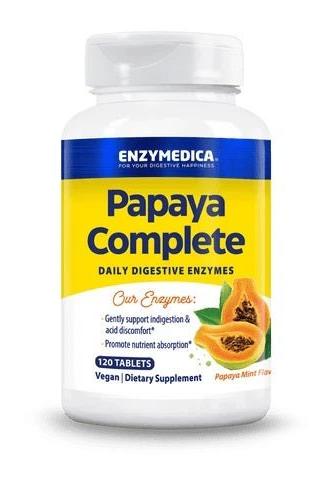 Enzymedica Papaya Complete, daily digestive enzymes in a 120-tablet vegan supplement bottle.