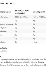 Nutritional facts for ESN Beta-Alanine supplement, detailing ingredients and serving sizes.