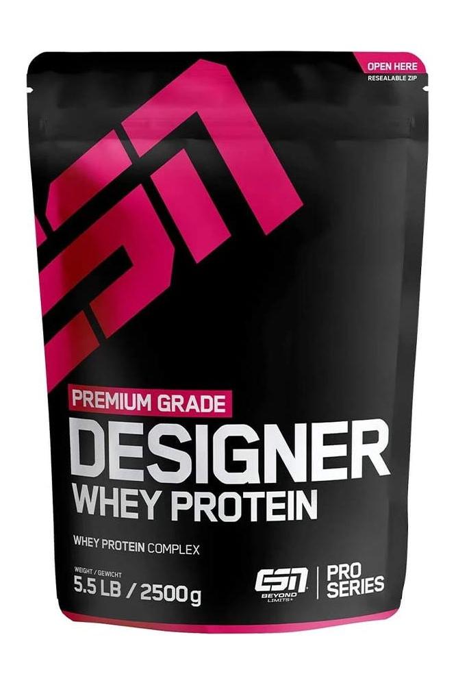 ESN Designer Whey protein packaging, premium grade, 5.5 lb, featuring whey protein complex and vibrant design.