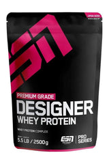 ESN Designer Whey protein packaging, premium grade, 5.5 lb, featuring whey protein complex and vibrant design.