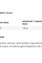 Nutrition facts and ingredients for ESN Vitamin D-3 capsules, detailing vitamin D content and other components.